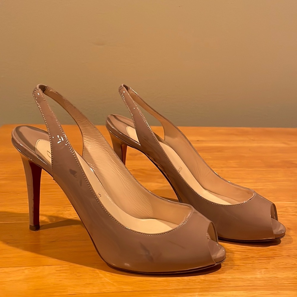 Christian Louboutin Taupe Patent Slingback Peep-Toe Heels